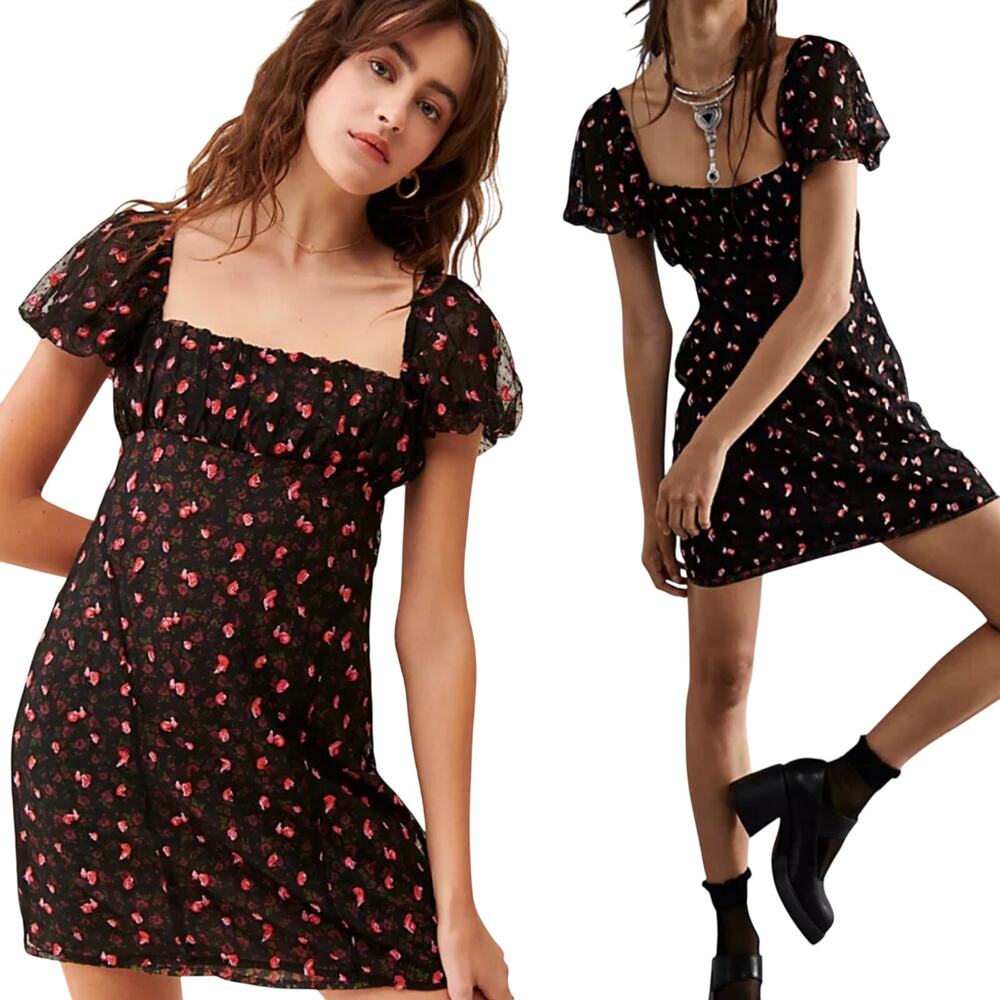 Free People Sugar and Spice Mini Dress Floral Embroidered Puff Sleeve Black M
